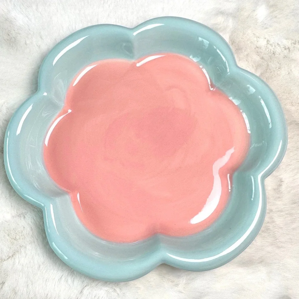 New Large Pink Blue Flower Ceramic Trinket Dish Scalloped Jewelry Tray
